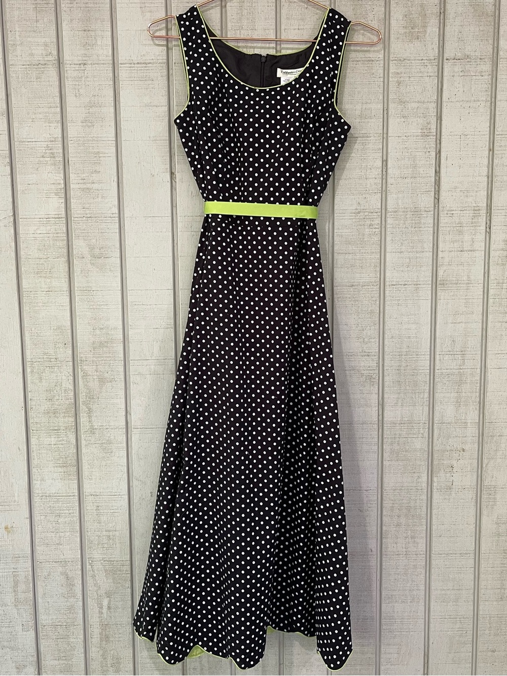 Vintage Coldwater Creek Black Polka Dot Green Trim Dress Size 6